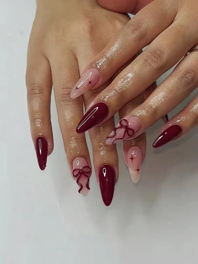 Wine Red Almond French Press-On Nails with Bow Decor - 24pcs main product photo - Press-On Nails at ShopKaar