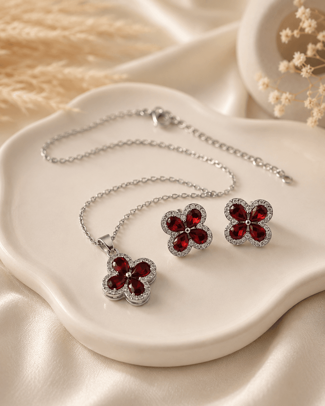 Silver Red Clover Necklace & Earrings Set - 3pcs detail photo 2 - Jewellery Sets at ShopKaar