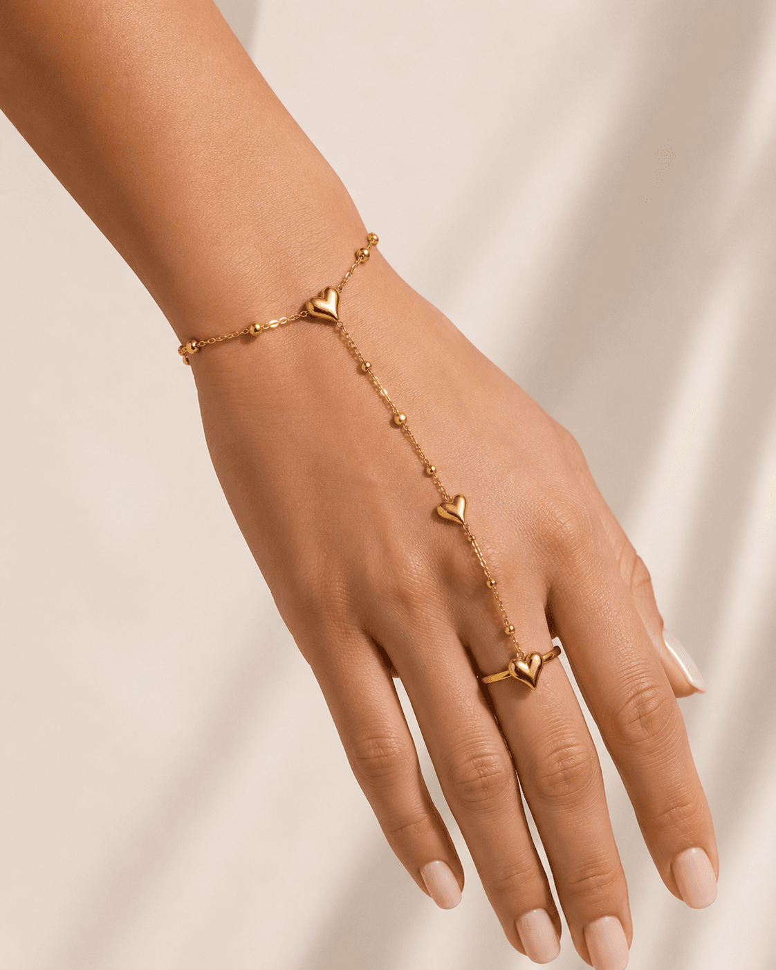 Gold Heart Charm Hand Chain Bracelet with Ring detail photo 6 - Bracelets at ShopKaar