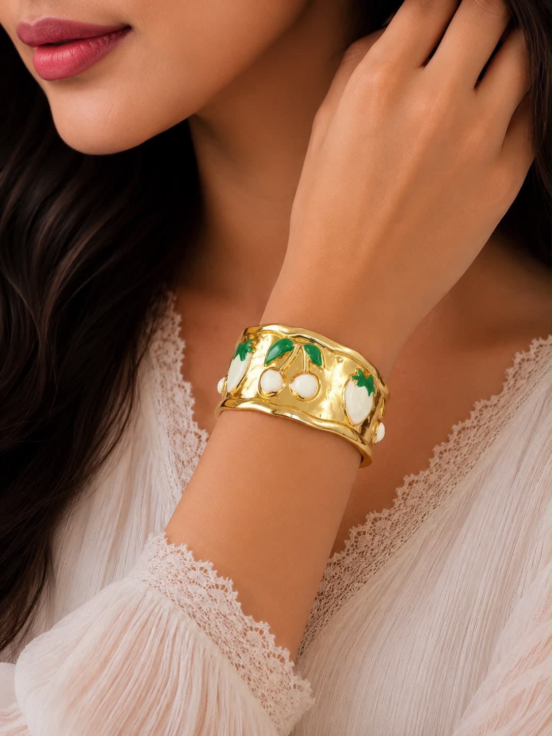 Gold-Tone White Cherry Motif Cuff Bracelet main product photo - Bracelets at ShopKaar